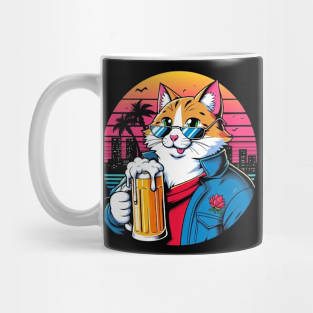 Vintage Retro Anime Cat Drinking Beer by Malus Cattus